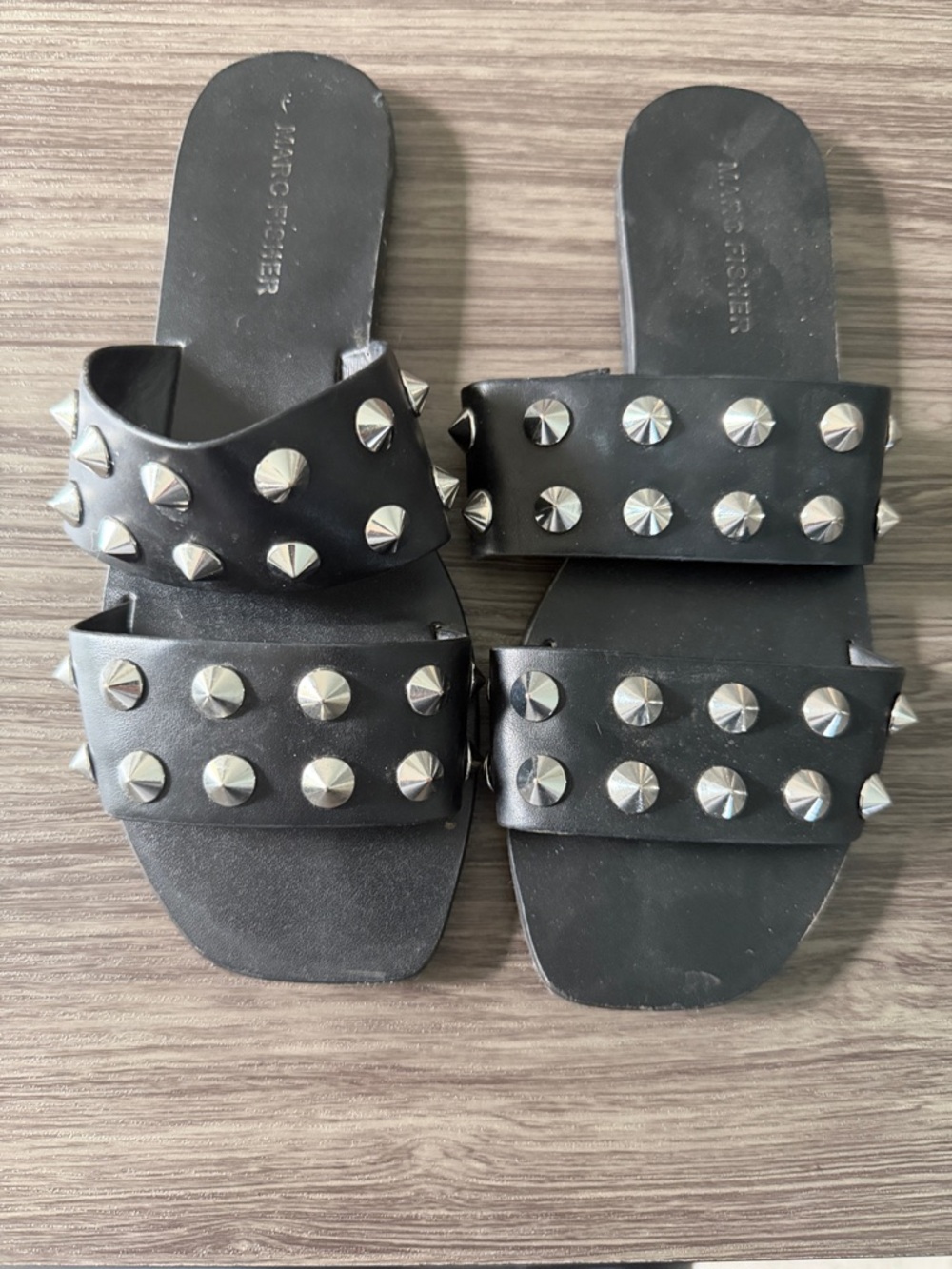 Marc Fisher Black Double-Band Stud Slide Sandals